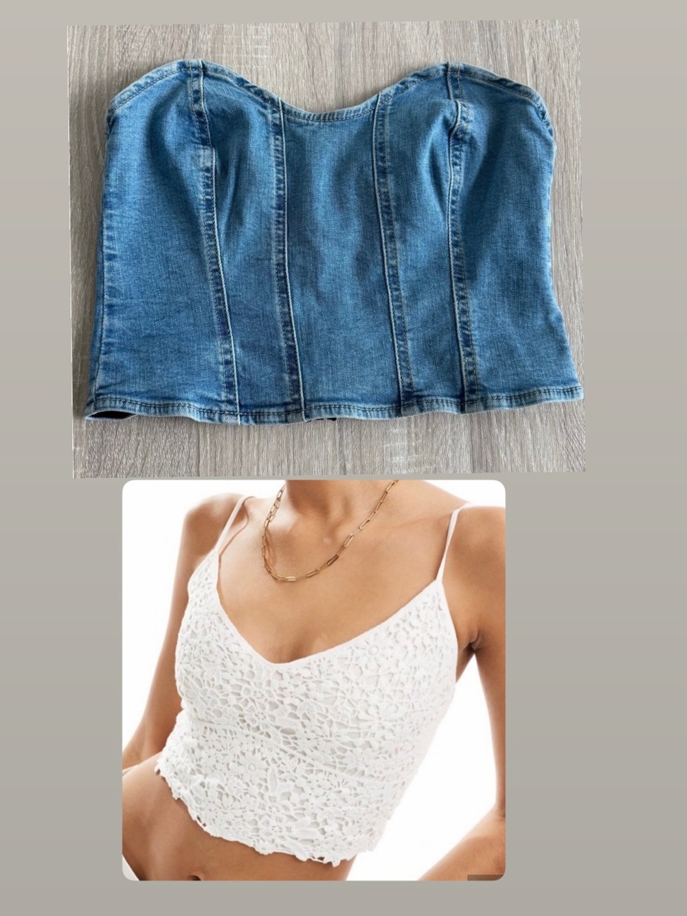 BUNDLE- 2 Stradivarius tops : tube denim + lace spaghetti strap crop top